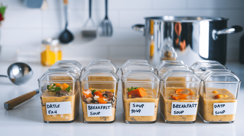 Glass containers of meal-prepped breakfast soup with labeled dates and ingredients.