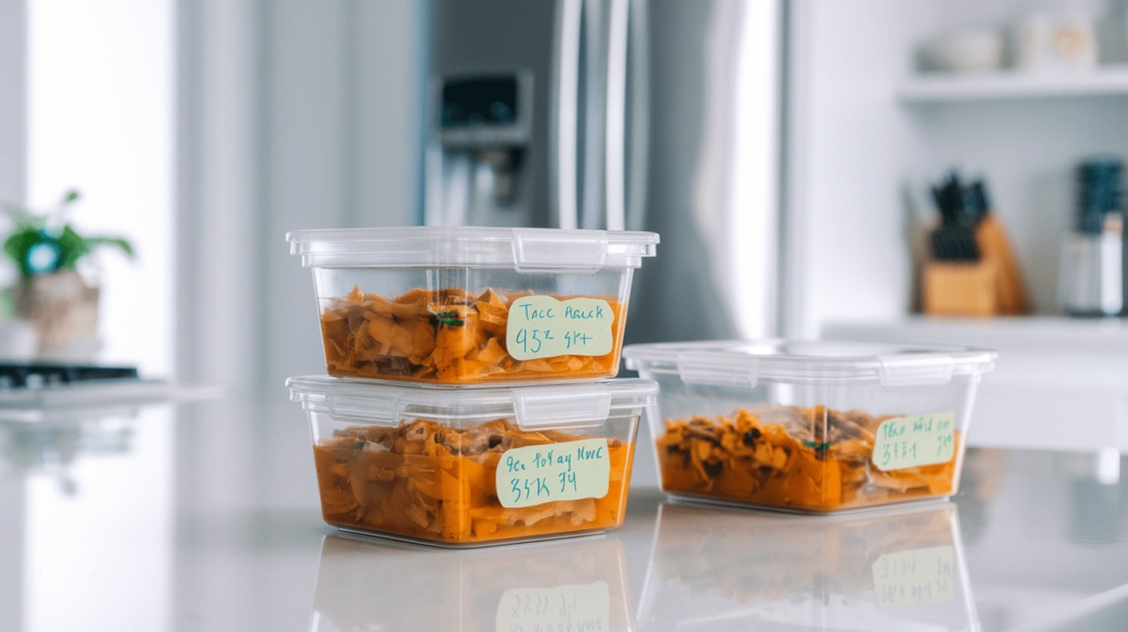 Taco soup portioned into meal prep containers, ready for storage in the fridge or freezer.