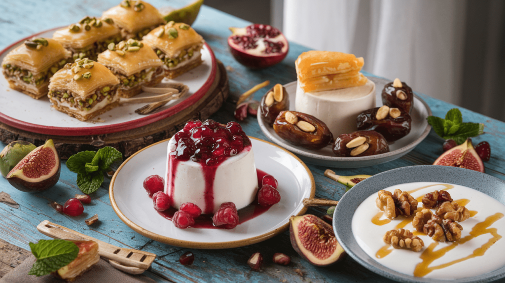 A vibrant spread of Mediterranean desserts including baklava, panna cotta, stuffed dates, and Greek yogurt with honey and nuts.