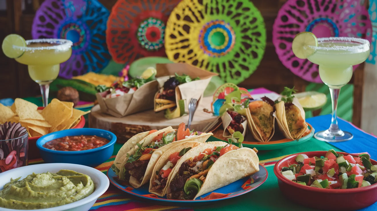 A colorful spread of vegetarian Mexican dishes, including tamales, tacos, and fajitas, with guacamole and margaritas.