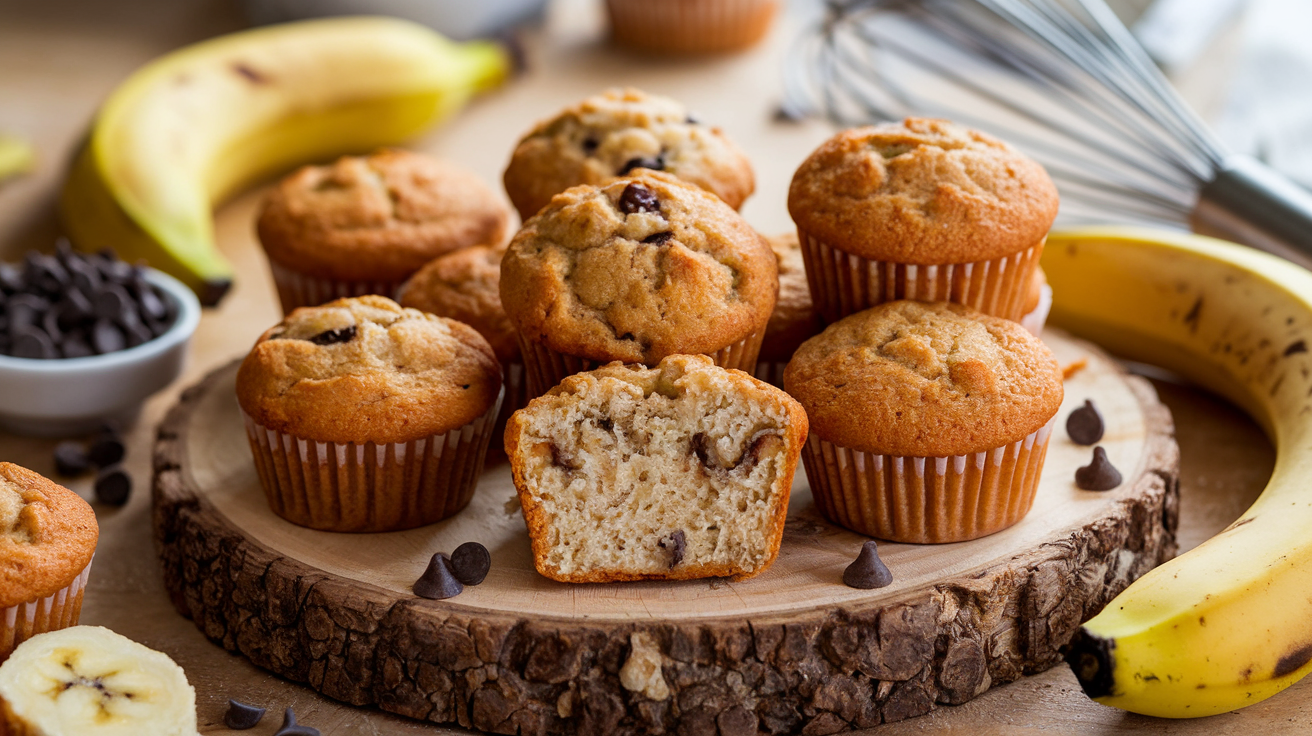 A batch of golden-brown mini banana muffins on a rustic wooden board, surrounded by ripe bananas, chocolate chips, and a whisk. The title "Mini Banana Muffins: The Perfect Bite-Sized Treat" is prominently displayed.