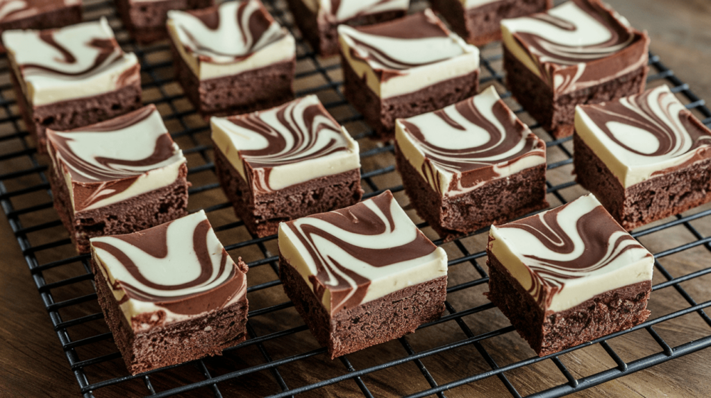 Bite-sized cream cheese brownies baked in a mini muffin tin, displayed on a cooling rack.