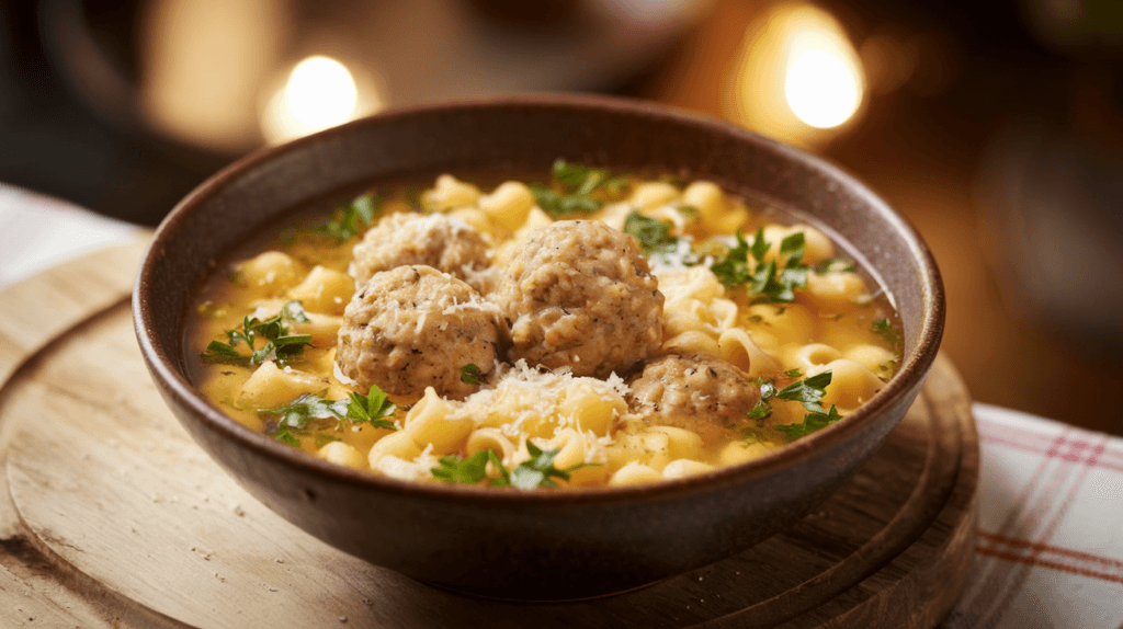 Pastina soup with mini Italian meatballs in a rich broth.