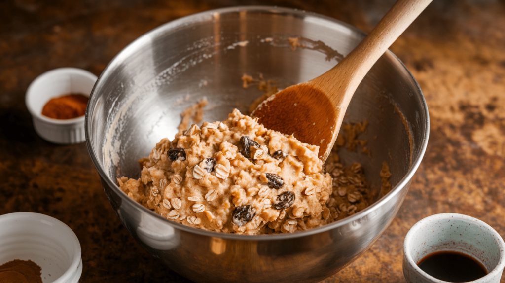 A mixing bowl with oatmeal cookie dough being stirred by a wooden spoon, showing oats and raisins in the mixture.