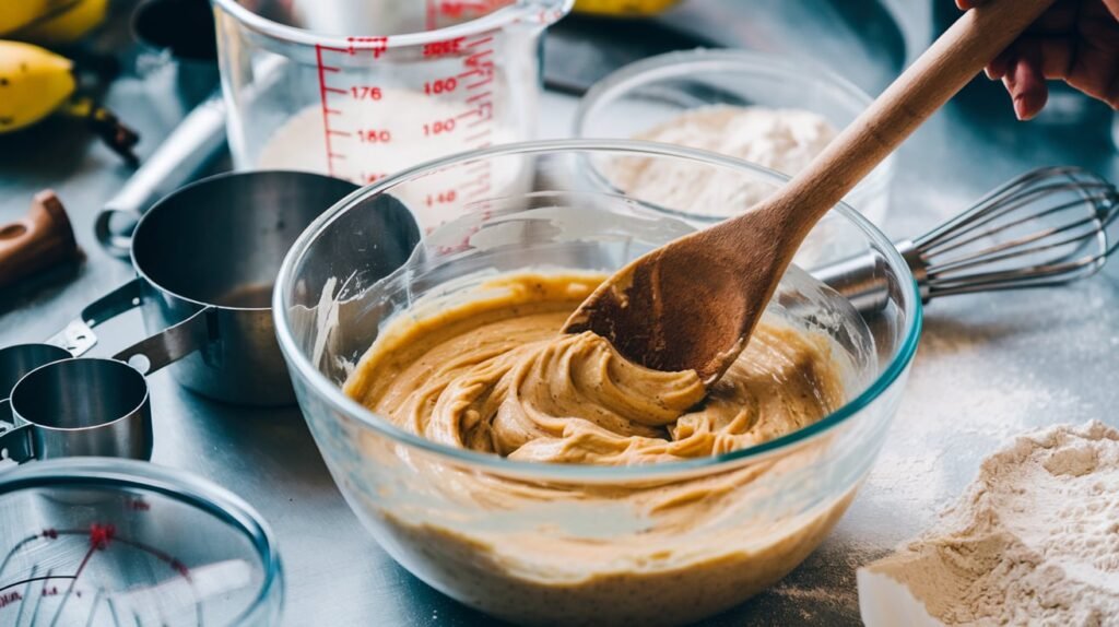 A mixing bowl with banana bread batter being stirred with a wooden spoon.