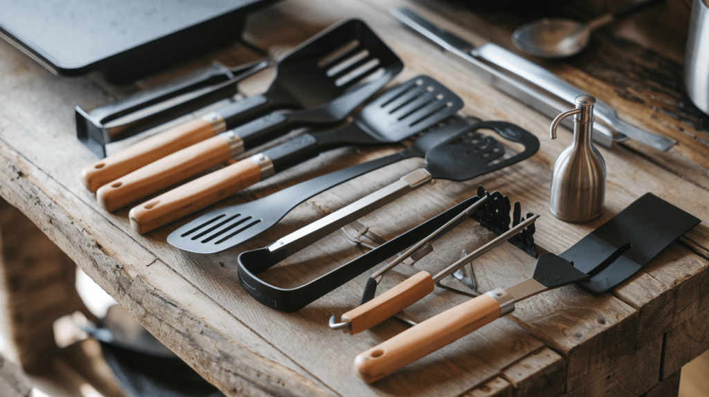 Essential Blackstone griddle tools like spatulas, tongs, oil dispensers, and a scraper arranged neatly on a wooden table.