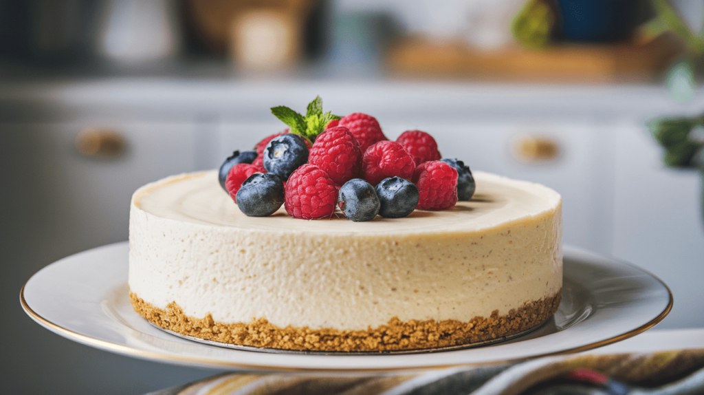 A creamy no-bake cheesecake with a graham cracker crust and fresh berry topping.