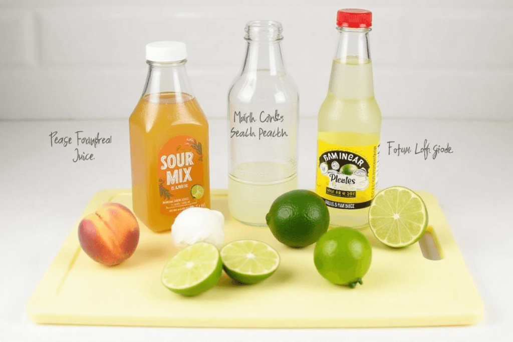 Ingredients for making non-alcoholic green tea shots, including peach juice, sour mix, lemon-lime soda, and fresh lime slices, arranged on a countertop.