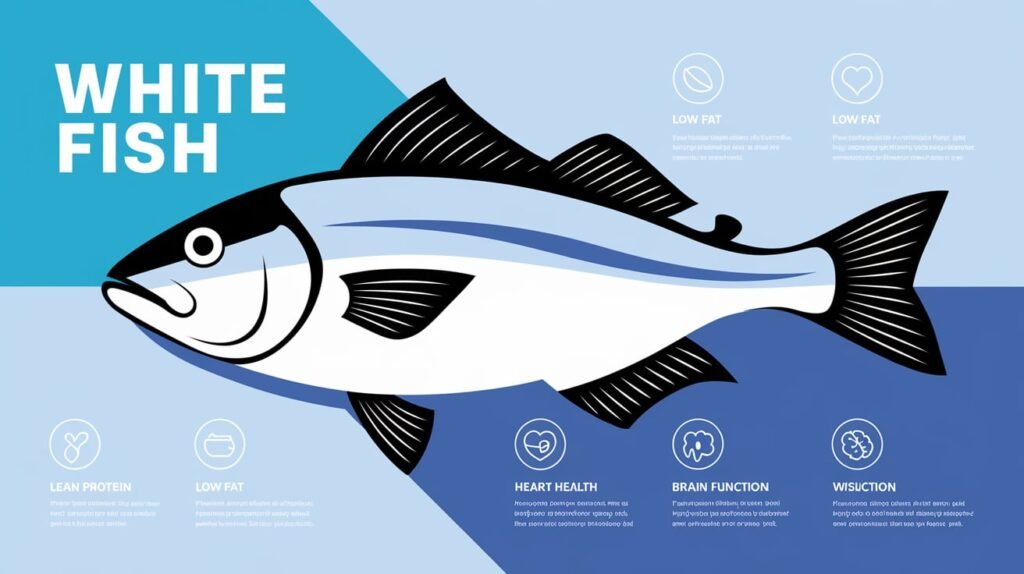 An infographic-style layout showing the nutritional benefits of white fish, including protein, low fat, and omega-3s.