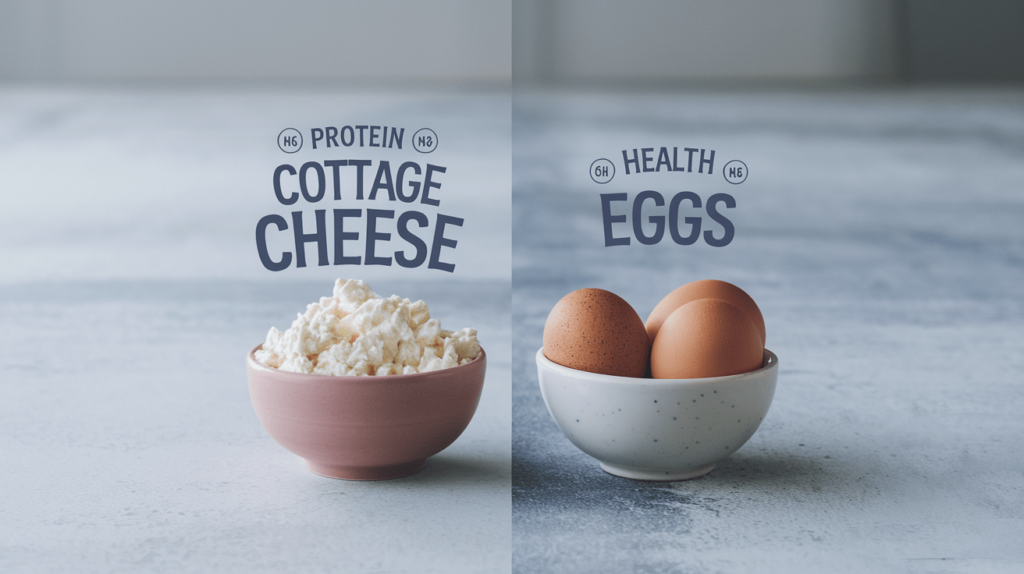 A side-by-side display of cottage cheese and eggs in small bowls, with nutritional facts like protein content highlighted beside them.