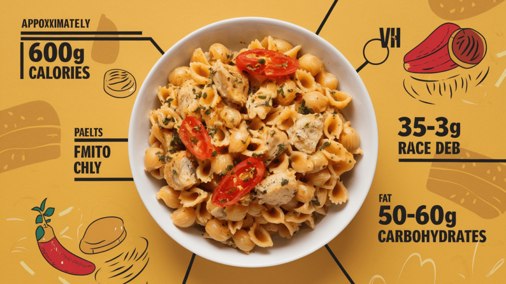 A graphic showcasing the calorie, protein, fat, and carbohydrate content of Cajun Chicken Pasta.