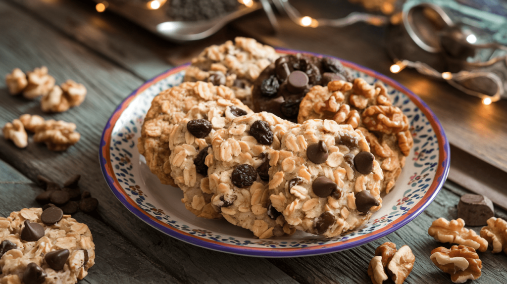 A selection of oatmeal cookies with different add-ins, including chocolate chips, raisins, and walnuts, displayed on a decorative plate.