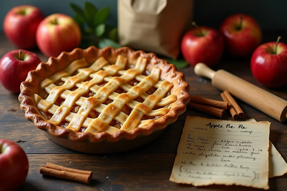 A freshly baked apple pie with a lattice crust surrounded by apples, cinnamon sticks, and a recipe card on a rustic wooden counter.