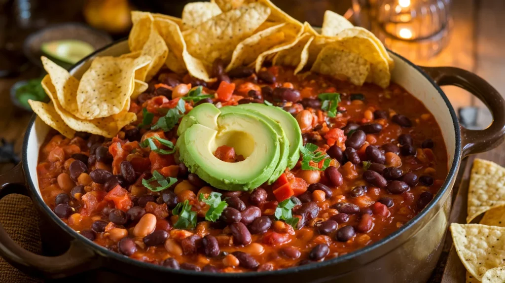 A pot of vegetarian chili with beans, tomatoes, and spices, garnished with fresh avocado and tortilla chips.