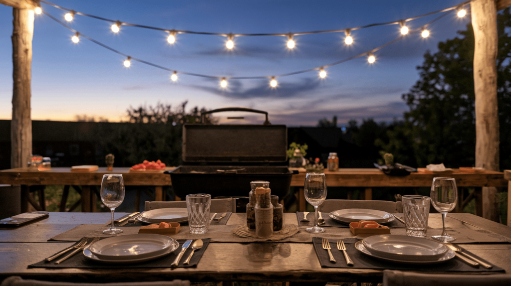 A cozy outdoor dining area with a Blackstone griddle in the background and string lights illuminating the space.