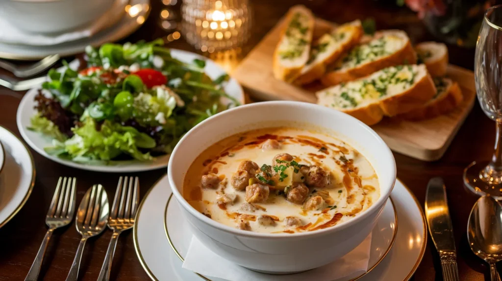 Creamy sausage soup served with a fresh garden salad and garlic bread.