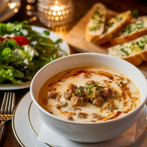 Creamy sausage soup served with a fresh garden salad and garlic bread.