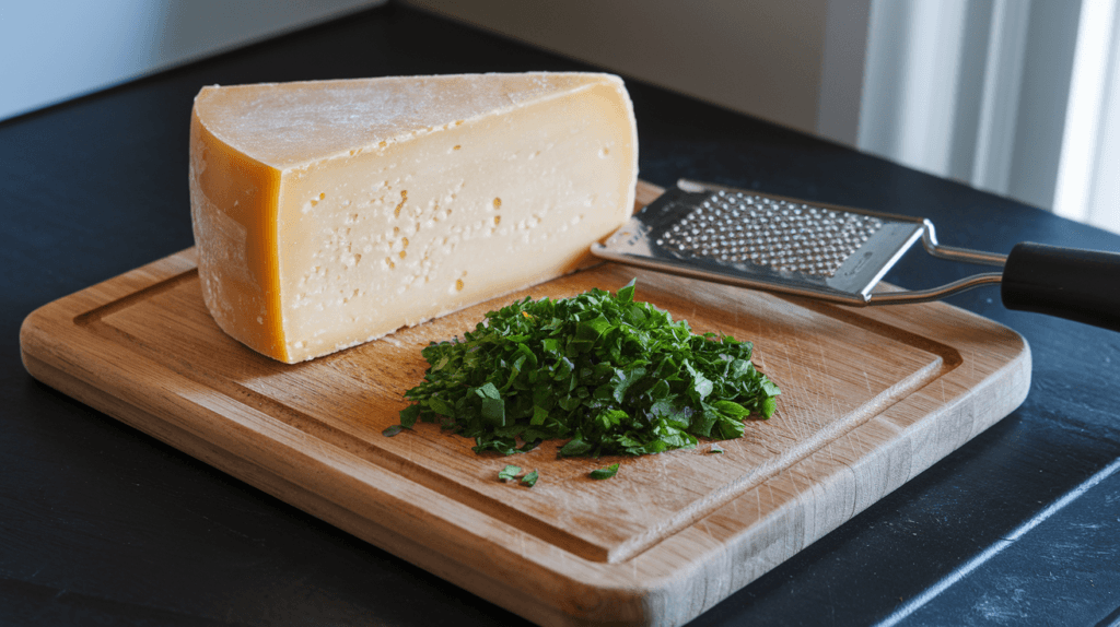 Grated Parmesan cheese and fresh parsley prepared for garnishing pastina soup.