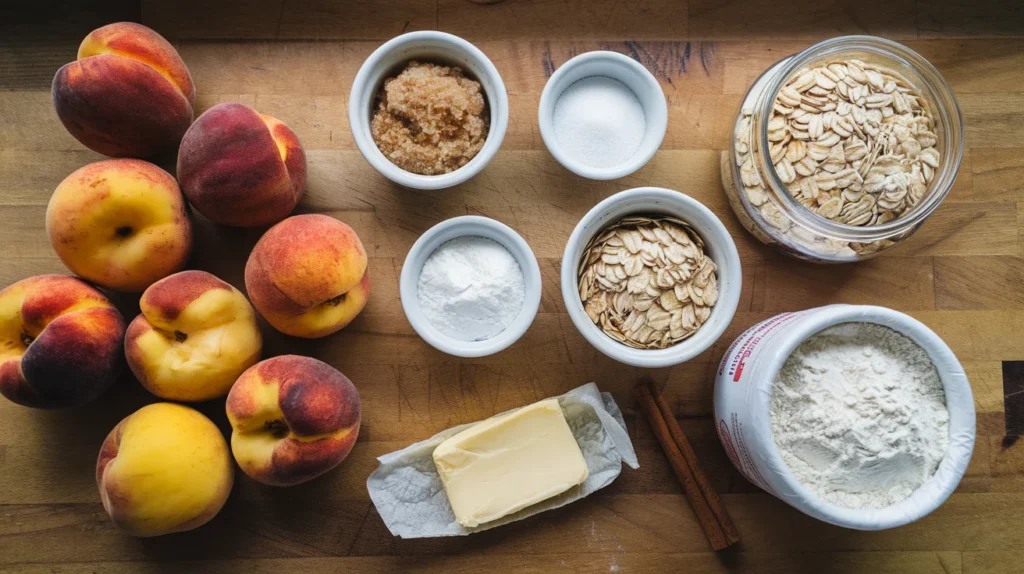 Ingredients for peach crumble, including fresh peaches, flour, butter, sugar, oats, and cinnamon, neatly arranged on a wooden countertop.