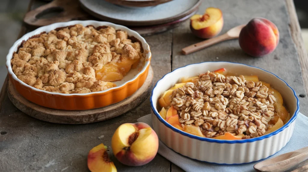 Side-by-side comparison of a peach crumble with a soft, buttery topping and a peach crisp with a crunchier, oat-heavy topping.