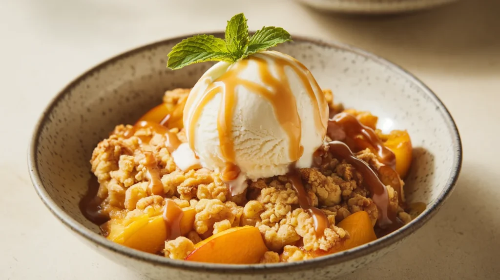 A warm peach crumble served in a bowl, topped with a scoop of vanilla ice cream, garnished with a drizzle of caramel sauce.