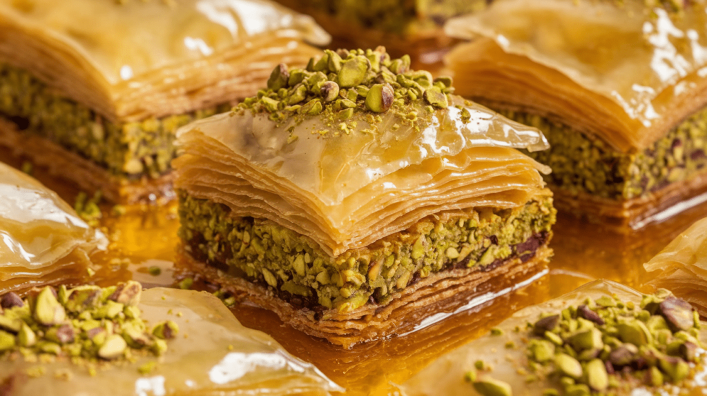 A close-up of pistachio baklava with finely ground pistachios layered between golden phyllo dough.