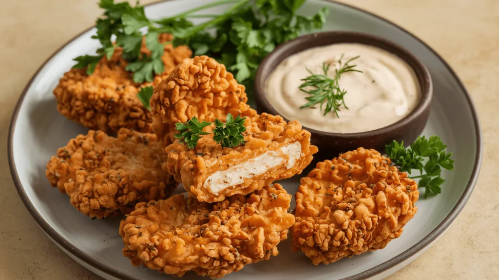 A plate of plant-based "fried chicken" nuggets with crispy golden breading and a side of dipping sauce.