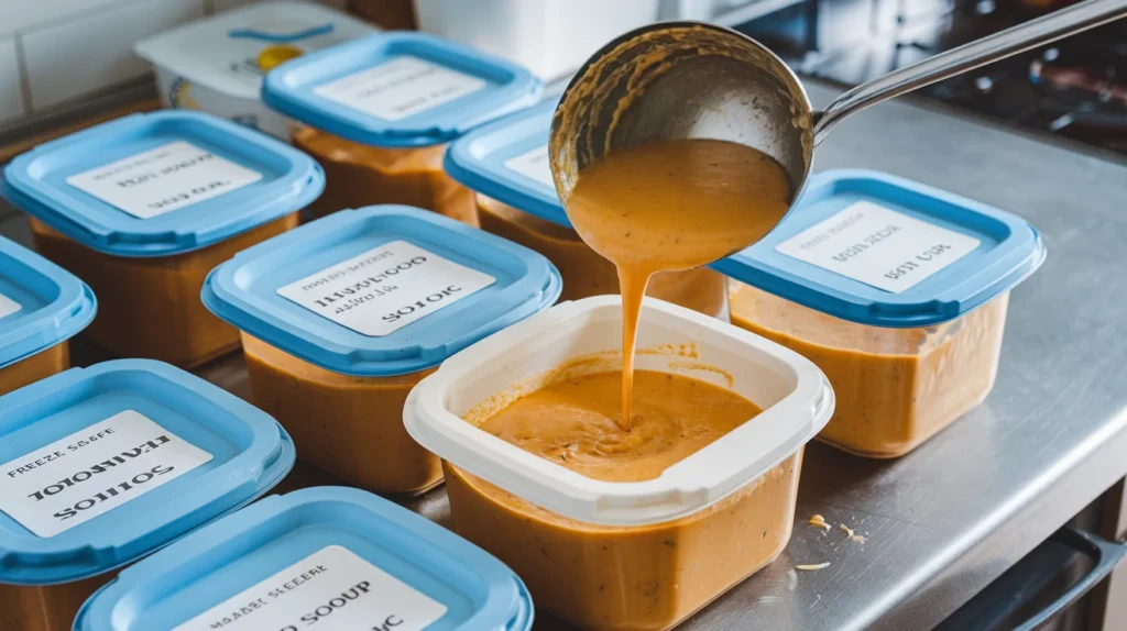 Soup being divided into small, airtight containers for freezing, ensuring proper portion sizes and freshness.