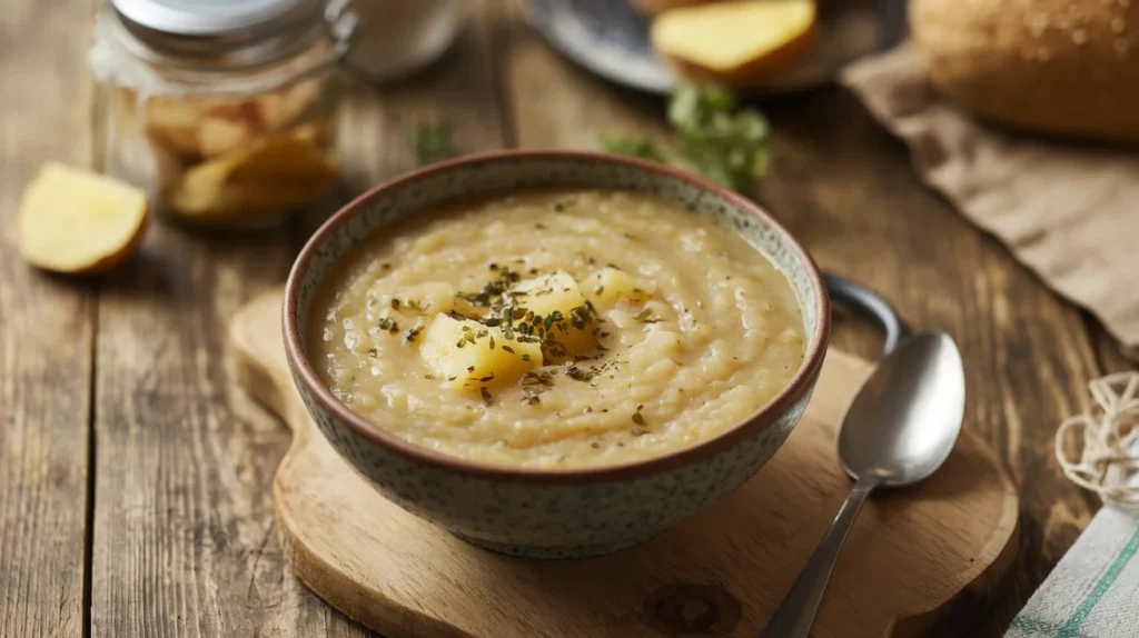 A bowl of creamy potato soup showcasing a smooth texture after being properly frozen and reheated.