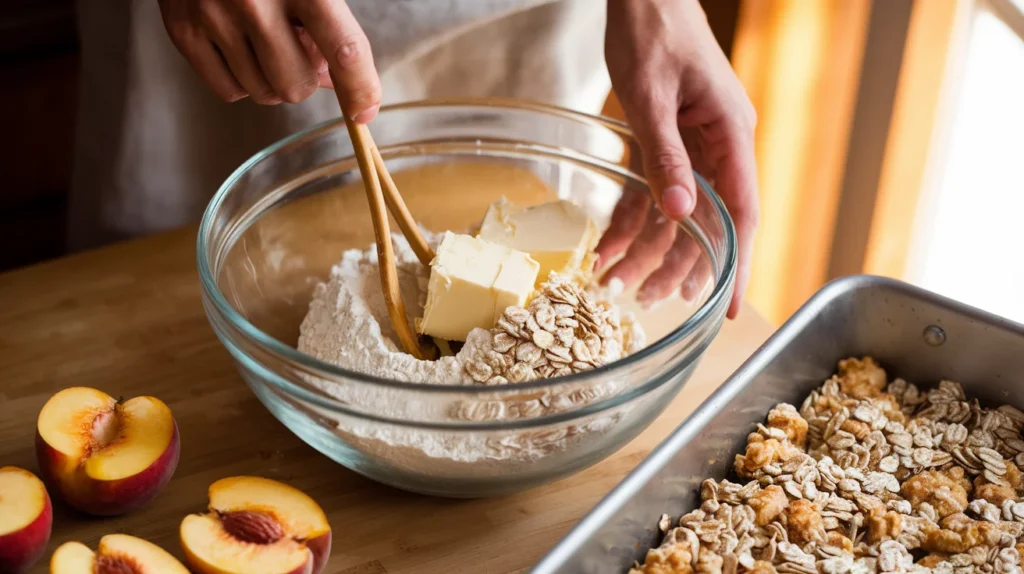 A process shot showing hands mixing the crumble topping in a bowl and sliced peaches in a baking dish ready for assembly.