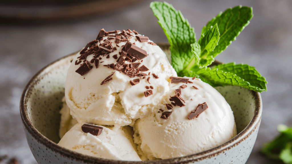 A bowl of homemade protein-packed ice cream made with cottage cheese, garnished with dark chocolate shavings and mint leaves.