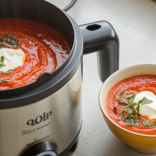 A soup maker filled with creamy tomato soup alongside a bowl of the same soup garnished with cream and fresh herbs.