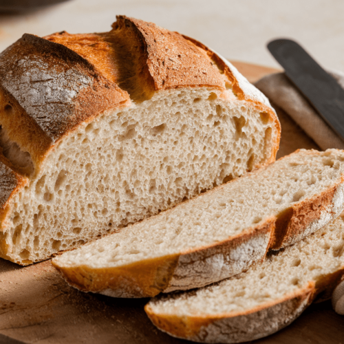 A freshly baked quick sourdough loaf, golden and crusty, sliced to reveal a soft interior.