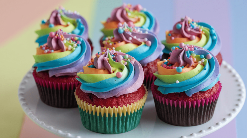 Colorful cupcakes with rainbow frosting and sprinkles, displayed on a white plate.