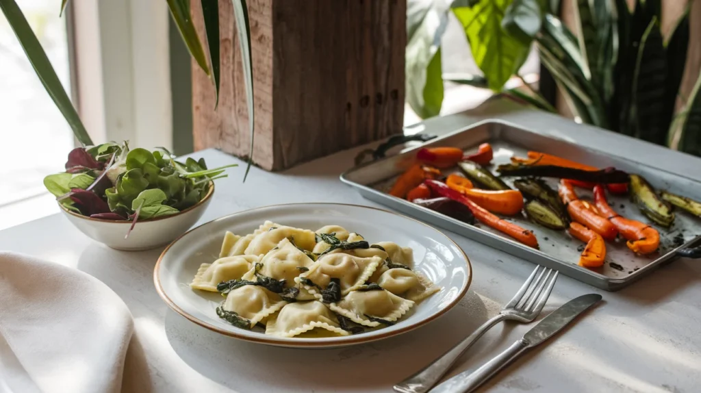 A meal setup featuring spinach and cheese ravioli with a green salad, roasted vegetables, and a glass of white wine.