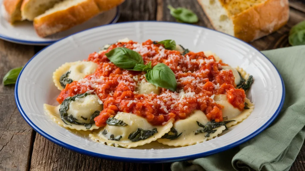 Spinach and cheese ravioli topped with a vibrant tomato-based marinara sauce, garnished with fresh basil.