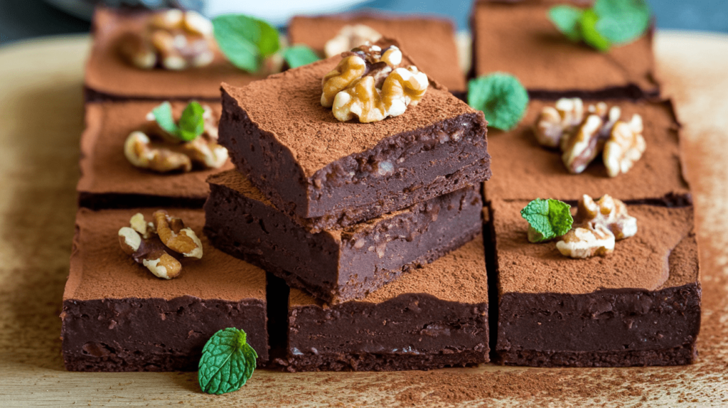 Fudgy raw vegan brownies stacked on a wooden board, garnished with walnuts and cocoa powder.