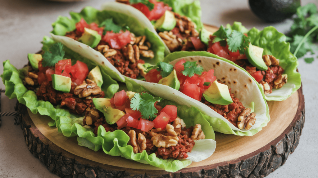 Raw vegan tacos with lettuce shells, walnut meat, avocado, and diced tomatoes, garnished with fresh cilantro.