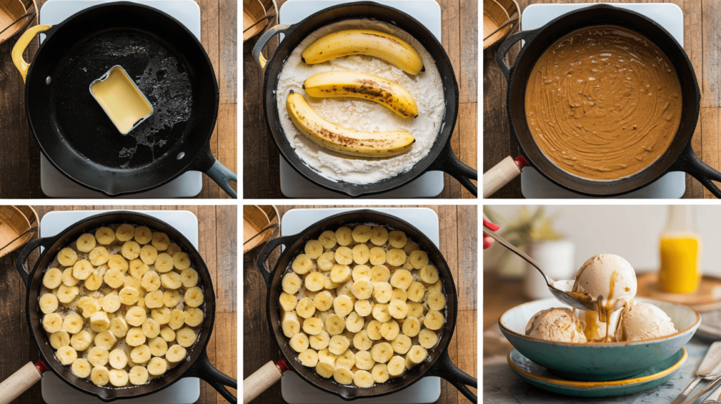 Four-step visual guide to preparing Bananas Foster