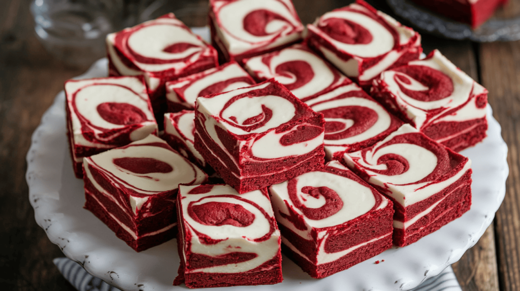 Red velvet cream cheese brownies with a striking red base and creamy white swirls, cut into squares and arranged on a platter.