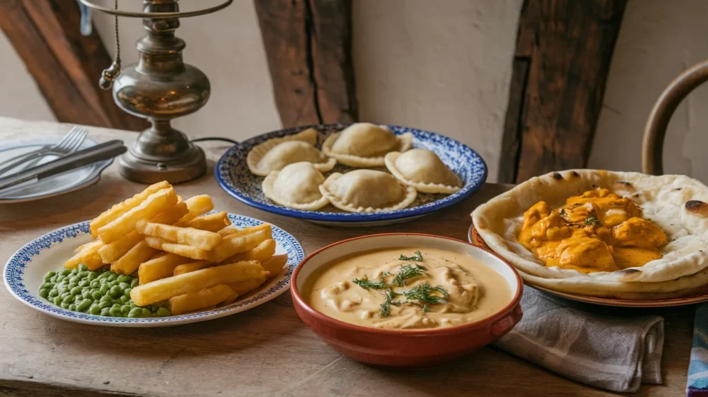 A rustic table featuring fish and chips, pierogi, and butter chicken, reflecting diverse cultural traditions.