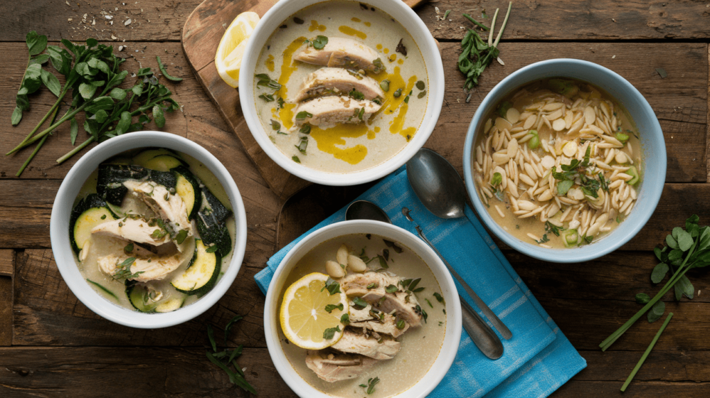 Variations of pastina soup with added vegetables, herbs, and pasta shapes on a wooden table.