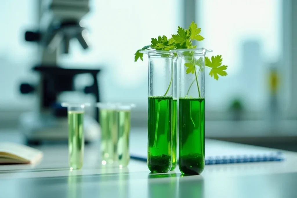 A close-up shot of a laboratory setting with test tubes containing natural detox ingredients like cilantro and spirulina.