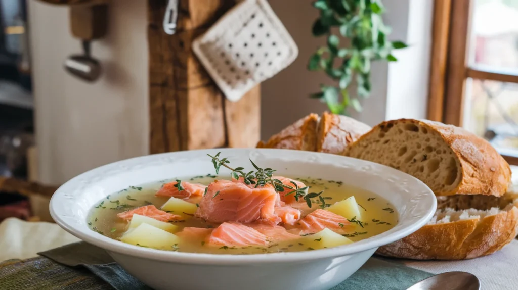 A chunky salmon potato soup with diced potatoes, chunks of salmon, and a clear broth.