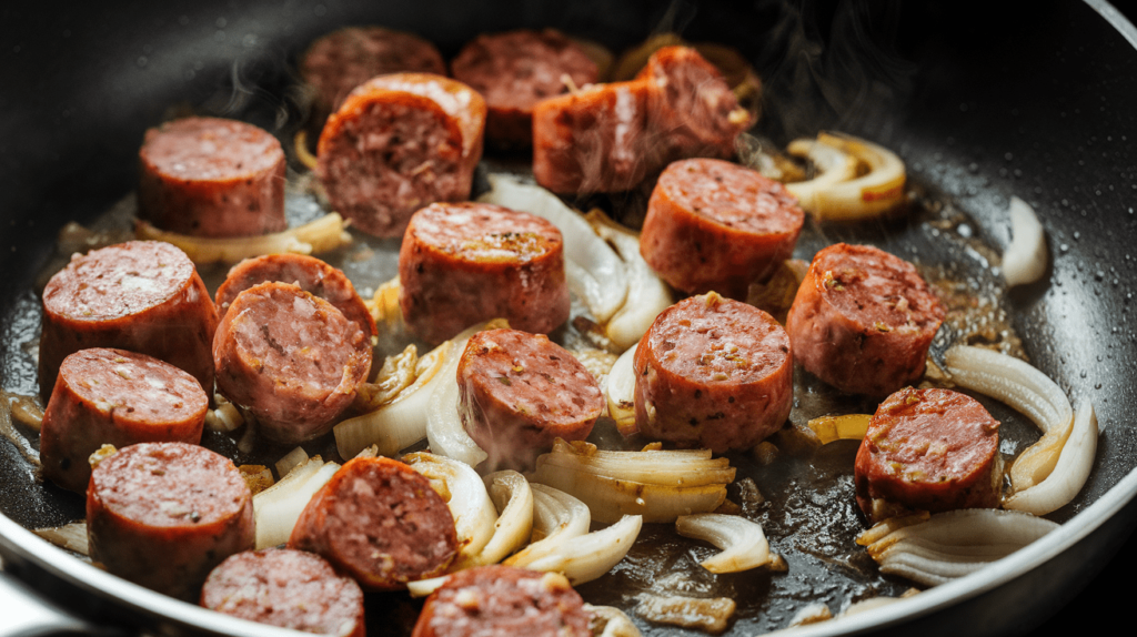 A skillet with browned sausage chunks cooking with garlic and onions