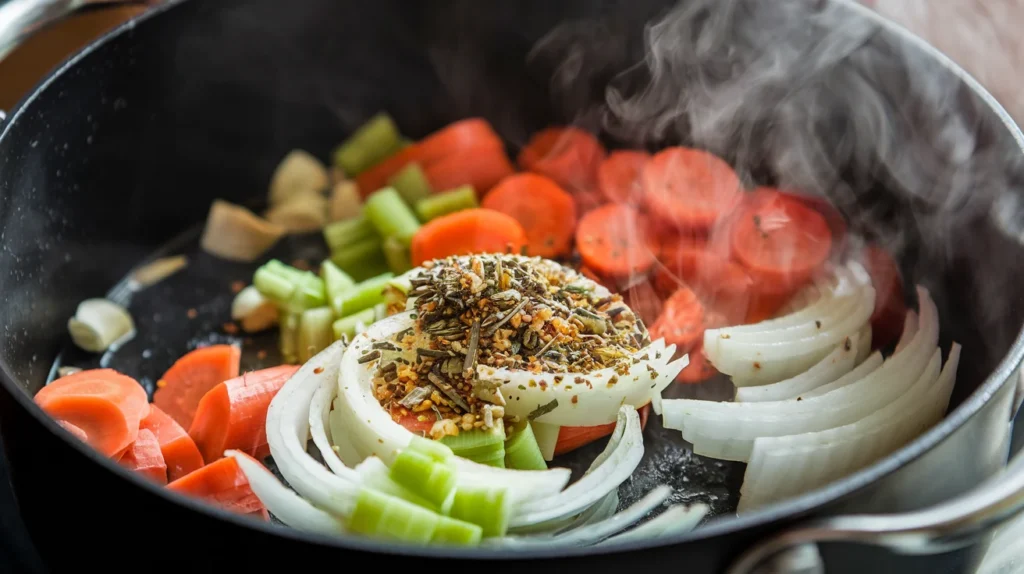 Onions, carrots, celery, and garlic sautéing in a pot.