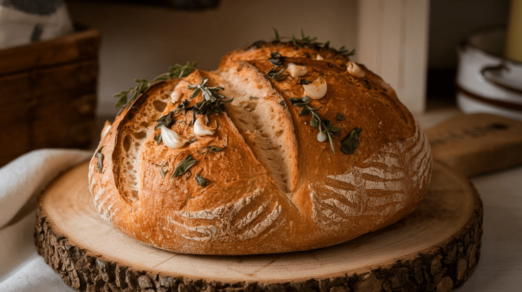 A savory sourdough loaf infused with herbs and garlic, garnished with rosemary sprigs.