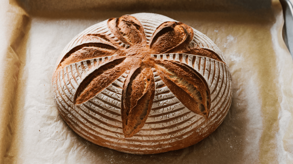 A scored sourdough bread with intricate floral patterns, ready to bake on a parchment-lined baking tray.