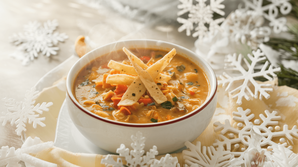 A steaming bowl of Chick-fil-A Chicken Tortilla Soup garnished with tortilla strips and a side of corn chips, set against a winter-themed background with snowflake decorations.