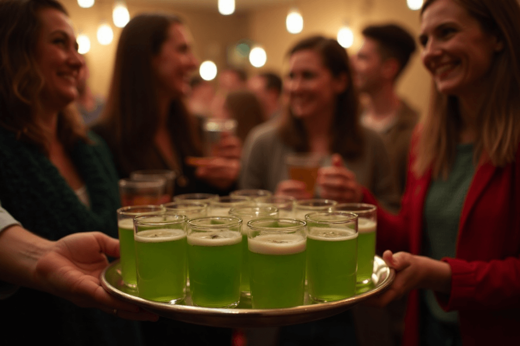 A tray of green tea shots being served at a lively party, surrounded by happy guests.